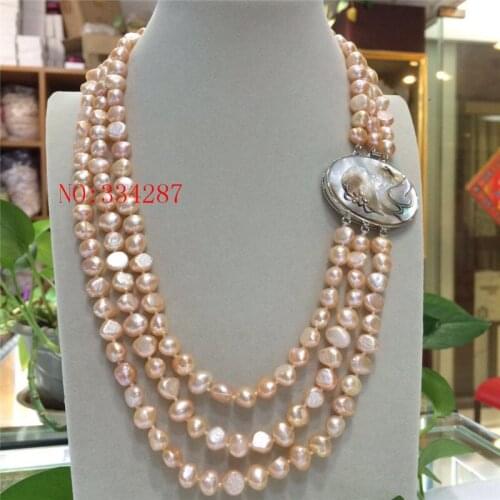 NEW Baroque 19" 3row 8-9mm Pink grey white color multicolor pearls necklace seashell clasp