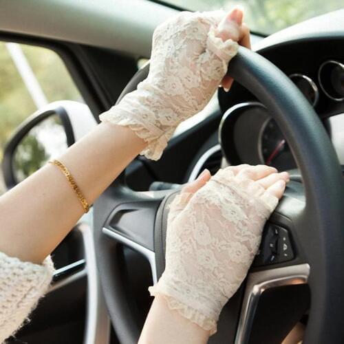 New Women New Summer Sun UV Protection Ladies Short Gloves Lace Driving Gloves formal gloves G002-beige