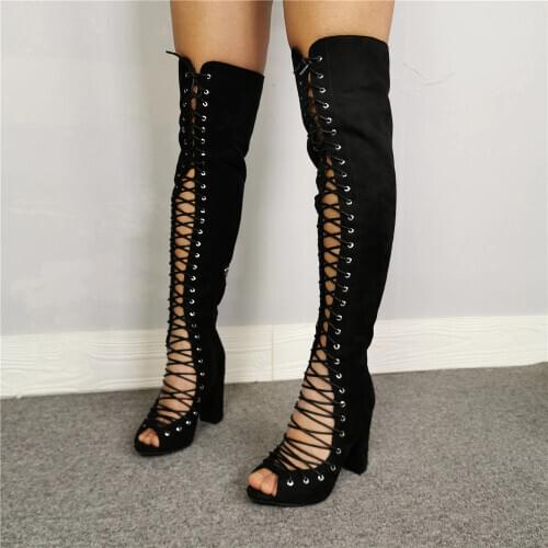Sexy Women Summer Thigh High Black Boots Wide Calf Lace Up Long Stiletto Party Club Boots Shoes Botines Mujer Big Size 34-47