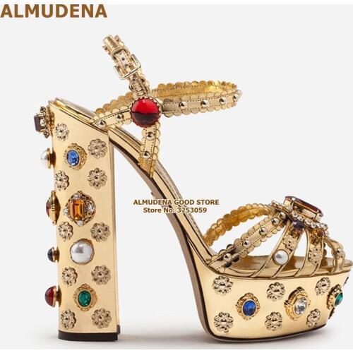ALMUDENA Stunning Ruby Square Heel Sandals Sparkling Wedding Platform Shoes Golden Heels Gem Beaded Party Shoes Floral Pumps
