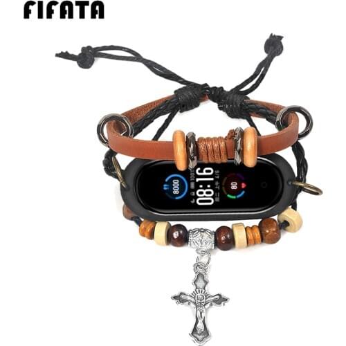 FIFATA Wrist Bracelet For Xiaomi Band 5 Watchstrap Leather+Braided Rope Watchband For Mi Band5 Replacement Wrist Strap Accessory