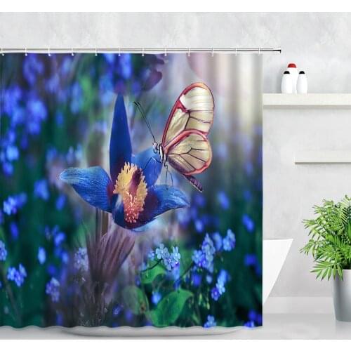 Garden Floral Butterfly Shower Curtain Tulip Blue Flowers Plant Natural Scenery Bathroom Decor Bath Curtains Fabric Hooks Screen