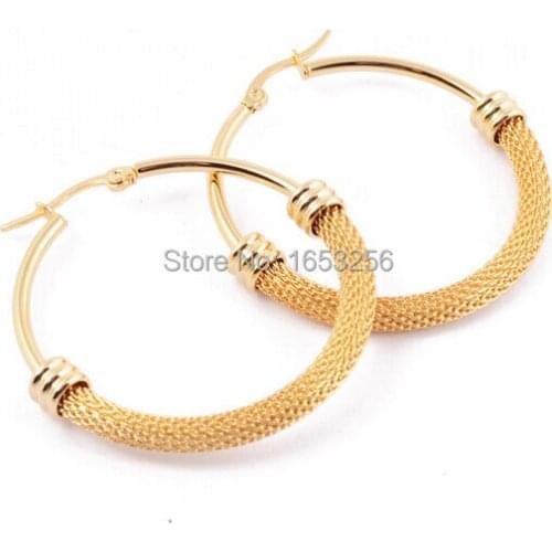 Best selling Womens Gold Anti allergy Stainless Steel Round Cable Wire Mesh Hoop Earring Charming XMAS Gift Jewelry