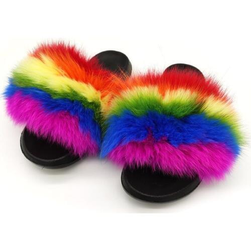 Fashion New Horizontal Striped Fox Fur Slides Shoes Womens Home Flat Flip Flops Summer Casual Sandals Female Indoor Slippers