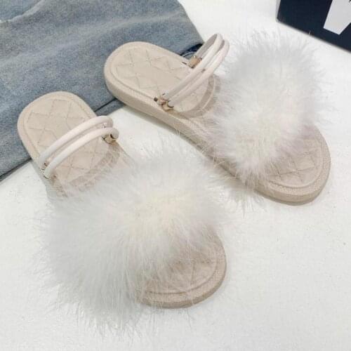 Summer Feather Plush Flat Bottom Ladies Slippers Women Comfortable Beach Sandals Home Indoor Ytmtloy House 2021 Slides