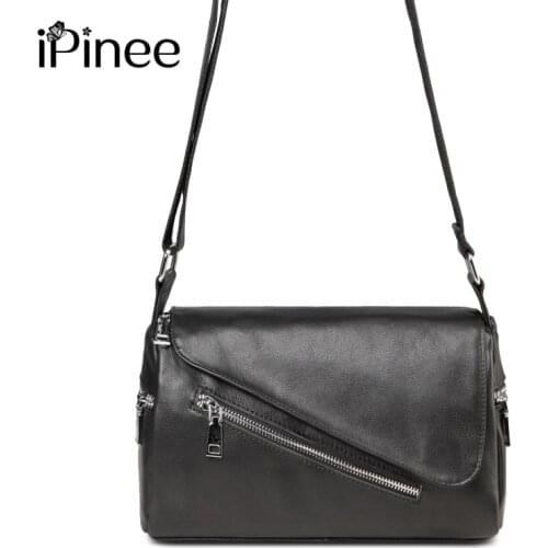 IPinee Simple Style Women Shoulder Bag 100% Genuine Leather High Quality Lady Crossbody Bag Black Fashion Bags