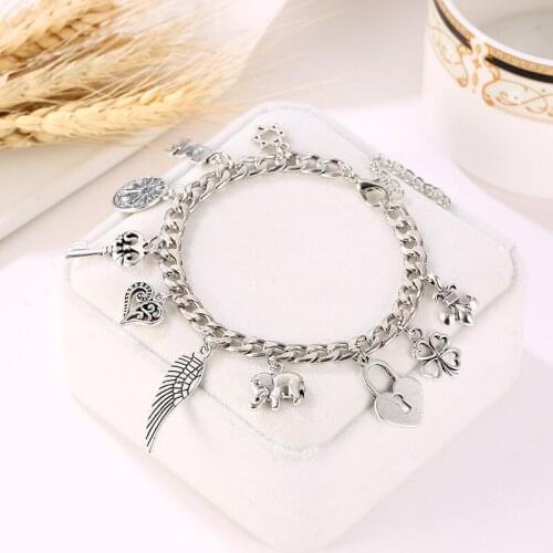 Couple Lover Animal Wing Moon Heart Lock Key Flower Bracelet For Men Woman Charm Wedding Engagement Party Fashion Jewelry 052