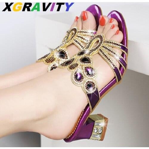 XGRAVITY Plus Size 34-41 Rhonestone Sexy Chunky High Heel Pumps Sexy Ladies Crystal Shoes Elegant Womens Party Shoes Ladies D05