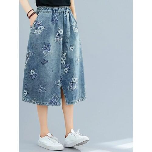 New Summer Women Skirts Plus Size Print Casual Loose Elastic Waist Hem Split Pockets Jeans Skirt For Females Denim Midi-SKirts