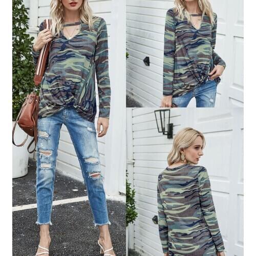 2020 New Fashion Women Sexy T-shirt Leopard Camouflage Star Print Long Sleeve Hollow V-neck Pullover Autumn and Winter Clothes