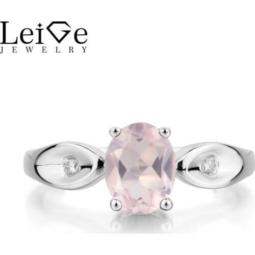 Leige Jewelry Natural Pink Quartz Ring Proposal Ring Oval Cut Pink Gemstone Solid 925 Sterling Silver Romantic Gifts for Women