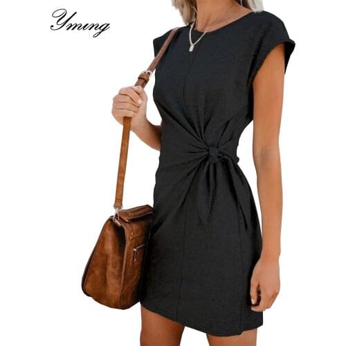 YMING Womens Round Neck Lace Dress Loose Short Sleeve Dress Solid Color Simple Ladies Dresses Commuter Party Costume