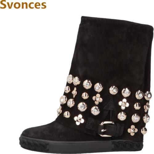 Height Increasing Snow Boots Black Luxury Platform High Heels Wedge Shoes Suede Crystal Flower Metal Brand Womens Casual Shoes