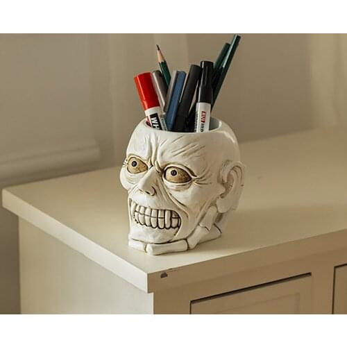 1Pcs Head Skull Skeleton Desk Pencil Holder Stand Pen Cup Makeup Brush Holder Organizer Halloween Home Desktop Decor