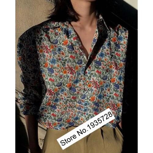 100% Cotton Floral Printed Long Sleeve Lapel Blouse Shirt - Ladies 2020 Newest Shirt Top