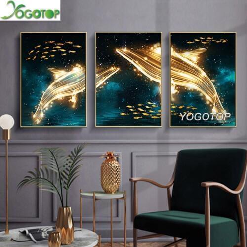 Modern abstract 3 pcs 3D diamond painting starry sky gold dolphin crystal cross stitch full rhinestone mosaic diamond art ML909