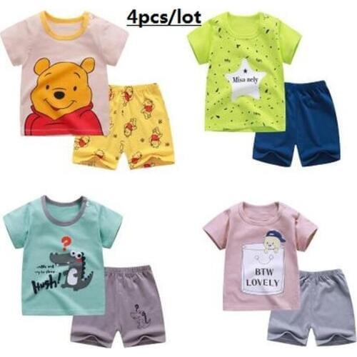4pcs/lot 2021 Baby Boys Girls Clothing Set Summer Short Sleeve Cartoon Cotton Infant Newborn Clothes Suit Outerwear T-shirts