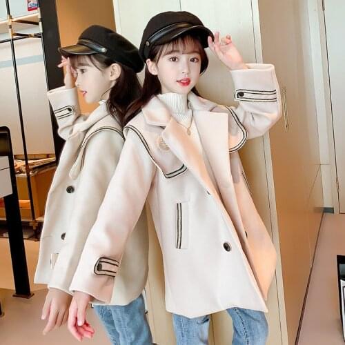 Woolen Girls Kids Coat Jacket 2021 Sweet Warm Thicken Winter Autumn Cotton Cardigan Buttons Outerwear Childrens Clothing