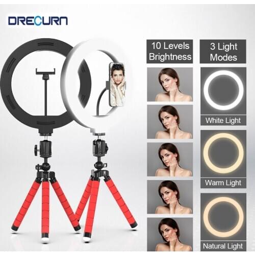 DRECURN 26/16cm LED Photographic Lighting With Flexible Tripod Stand Ring Light Phone Holder Selfie Dimmable Lamp Ringlight