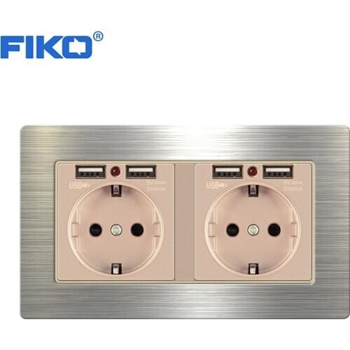 FIKO 16A EU stainless steel panel electrical socket double usb ,146mm*86mm wall power socket with dual usb Household