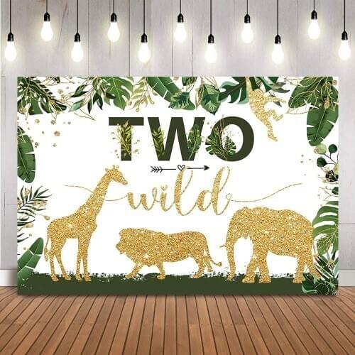 Safari birthday party backdrop forest green leaves photo background two wild birthday decoration jungle gold glitter animals