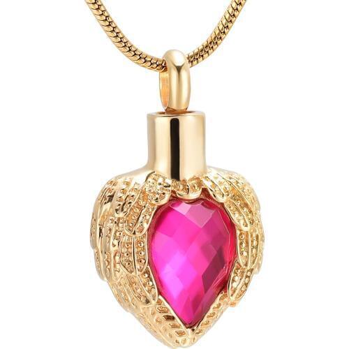 IJD8719 Stainless Steel Gold Angel Wings Glss Heart Urn Pet/Human Cremation Jewelry Pendant Hold Loved One Memorial Ashes