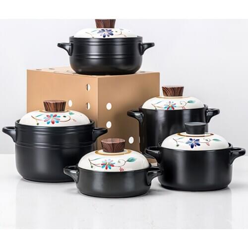 Ceramic Casserole Japanese White Cover Black 1.5L To 4.5L Round Soup Pot Household Kitchen Supplies Cooking Utensils Saucepan