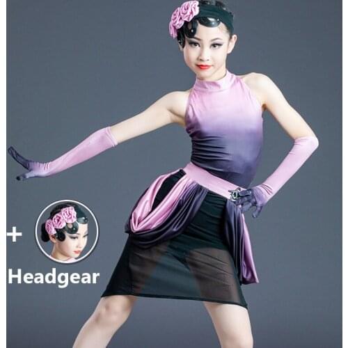 2021 Latin Dance Costume Girls Performance Clothes Gradient Color Mesh Skirt Set Competition Dress Samba Rumba Dance Wear BL5600