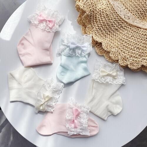 Summer Cotton Lolita Socks Bowknot Lace Ruffles Short Socks Loli Soft Sister Students College Socking Lolita Princess Sock Girls