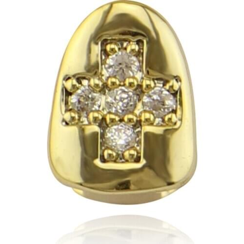 LuReen Single Gold Silver Color Teeth Grillz Top Bottom Cross Crystal Grills Dental Tooth Caps Fashion Jewelry Gift