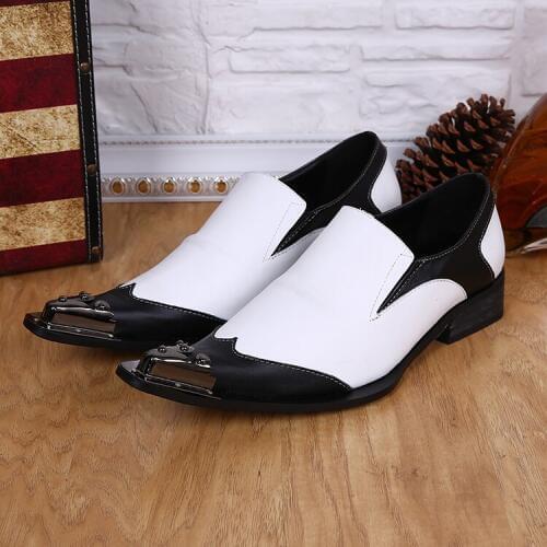 Black White Color Men Quality Leather Dress Oxford Iron Toe Spike Shoes Matal Classical Business Shoes Sapato Masculino Social