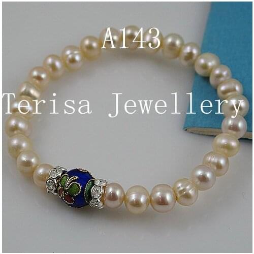 New A143 Pink color Grade AA 6-7MM Natural Fresh Water Pearls made with Cloisonne Size:8mm Length:7.5inch,Elastin Bracelt