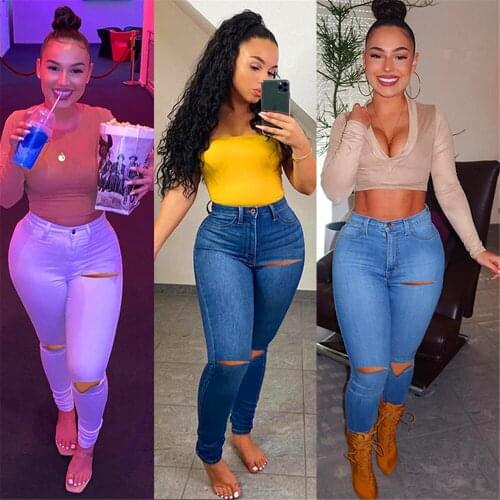 Richkeda Store New 2021 Women Casual Jeans Spring /Summer New Washed Distressed Holes Stretch Skinny Jeans Solid Color Denim