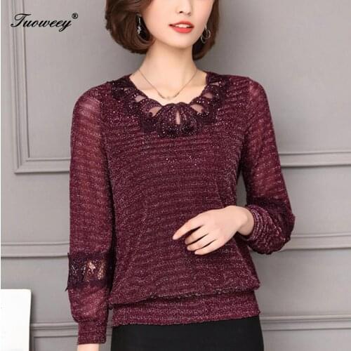 Female Elegant long-sleeve Lace Blouses shirts 5XL Spring 2020 winter Plus size Women clothing lace Shirt Tops Cutout basic