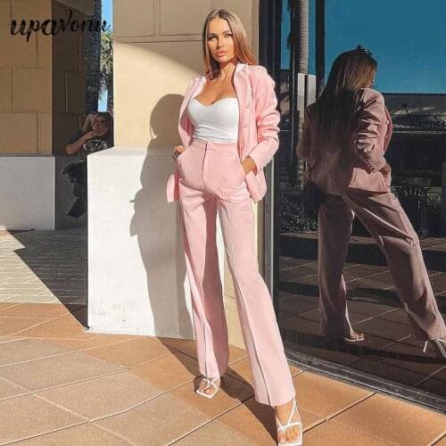 Free Shipping 2021 New Women Pink Suit Sets OL Office Elegant Lapel Long Sleeve Double Breasted Blazer & Trousers Two-Piece Sets