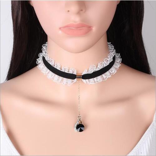90S Women Black Leather White Lace Choker Necklace Cute Alloy Pendant Collar Choker Gothic Retro Burlesque Jewelry Colliers