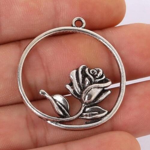 2Pcs Rose Round shape Charms Antique Silver Color Tone Pendant Findings Diy Aesthetics Accessories Handmade Jewelry Makeing