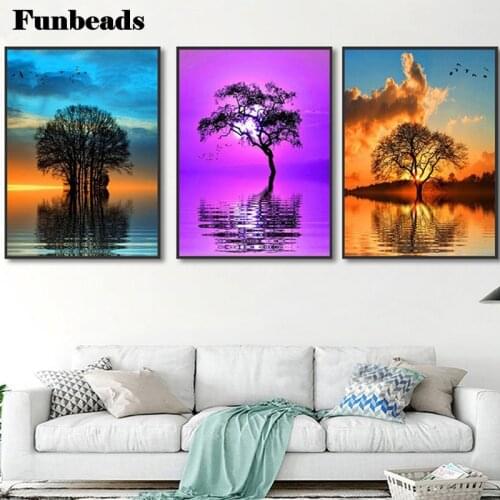 3 pcs round diamond embroidery lakeTree diamond painting 5D square by hand 3d Dream Landscape picture rhinestones decor,FF096