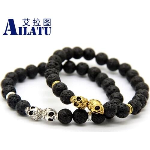 Ailatu 10pcs/lot Free Shipping Wholesale Skull Yogo Bracleets for Gift High Quality 8mm Lava Stone Beads