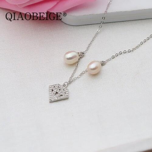 QIAOBEIGE diy handmade jewelry accessories Sterling Silver Pearl Jewelry In diamond Shape, Fashion Freshwater Pearl Necklace