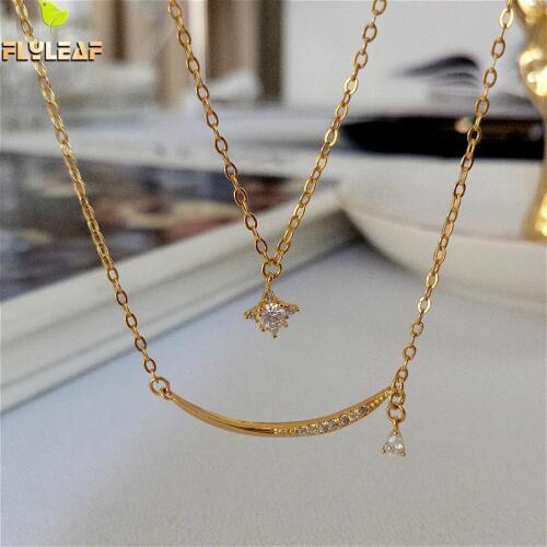 Flyleaf Double Layer 18k Gold Cubic Zircon Necklaces & Pendants Real 925 Sterling Silver Necklace For Women Chain Fine Jewelry