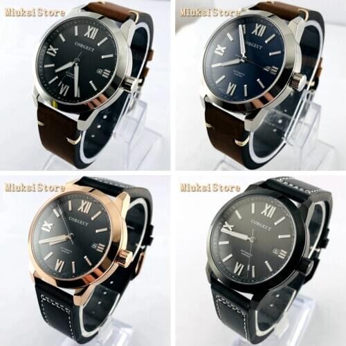 Corgeut 41mm silver/rose gold case date luminous leather strap waterproof Seagull movement mens new business automatic watch