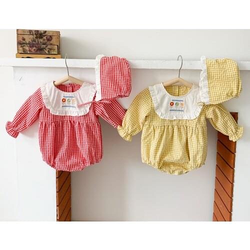 Toddler Baby Girl Lattice Flower Embroidery Romper+Hat Spring Autumn Baby Girls Clothes Infant Baby Girls Cotton Jumpsuit