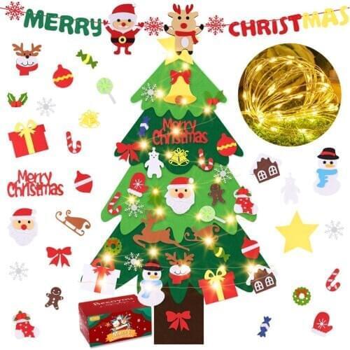 41pcs DIY Felt Christmas Tree with LED Lights Ornaments Decor Xmas Toys for Kids 2021 New Year Gifts Home Party Decoration Play