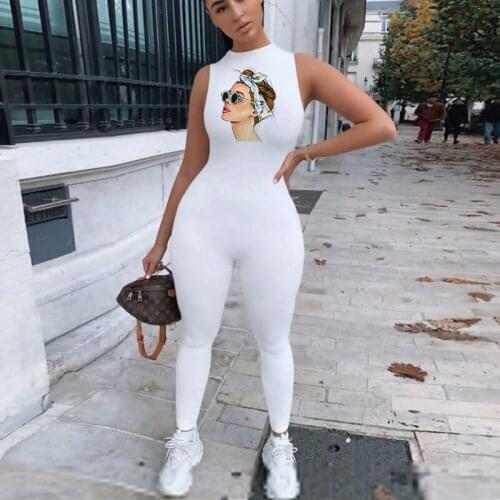 White Sunglasses Girl Printing Sleeveless Skinny Summer Rompers O-neck Zipper Sexy Sport Casual Women Jumpsuit 2021 Streetwear