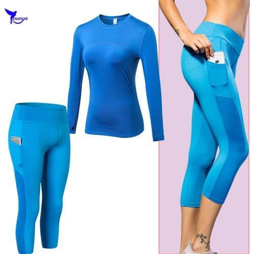2 Pcs Shirt+Pocket Capri Leggings Running Sport Suit Sexy Women Yoga Set Long Sleeve Tracksuit Gym Fitness High Waist Clothing