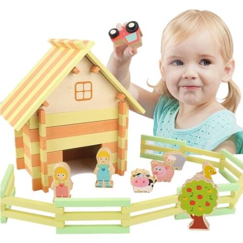 Montessori DIY House Building Blocks Toys Farm Animals Set Wooden House Assembly Educational Games Mini Model Toys For Children