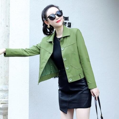 THEME 21 Ladies Pu Leather Jacket Turn-down Collar Casual Fashion Sweet Outerwear Button Motorcycle Coat Soft Biker Jacket Girl