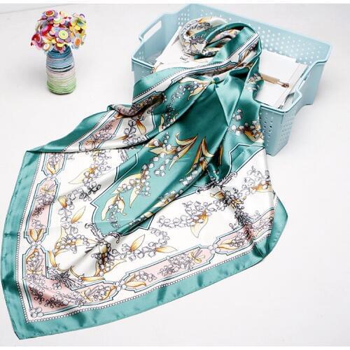 Fashion Hair Scarf For Women Floral Print Silk Satin Hijab Scarfs 90cm*90cm Square Neckerchief Headband Scarves For Ladies 2019