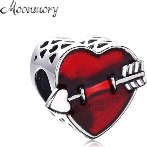 Moonmory 925 Sterling Silver Cupids Arrow Heart Charm First Love Engrave Beads Fit Charm Bracelet Jewelry Valentines Day Gifts
